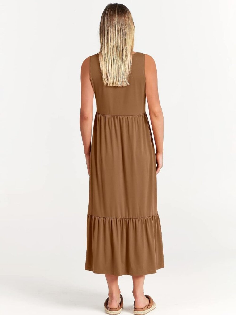 Women's Khaki Crewneck Summer Sleeveless Sundress Aline Flowy Tiered Long Maxi - Picture 5 of 6